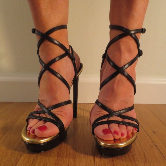 Stunning Strappy Black SAINT LAURENT High Heel Platform Sandals - Picture 1 of 16